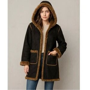 Dennis Basso Long Black Suede Brown Faux Fur Reversible Coat Hooded Womens 1X